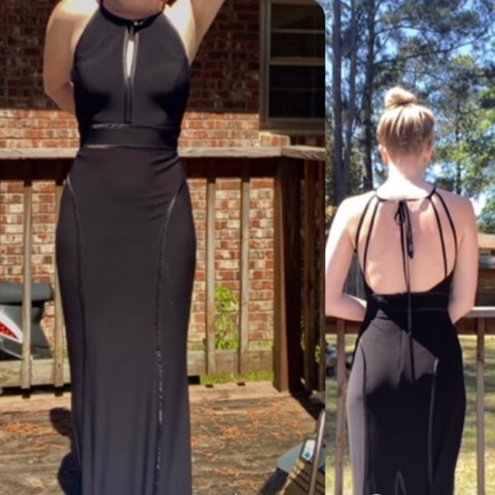 black formal maxi dress with cutout and open strappy back